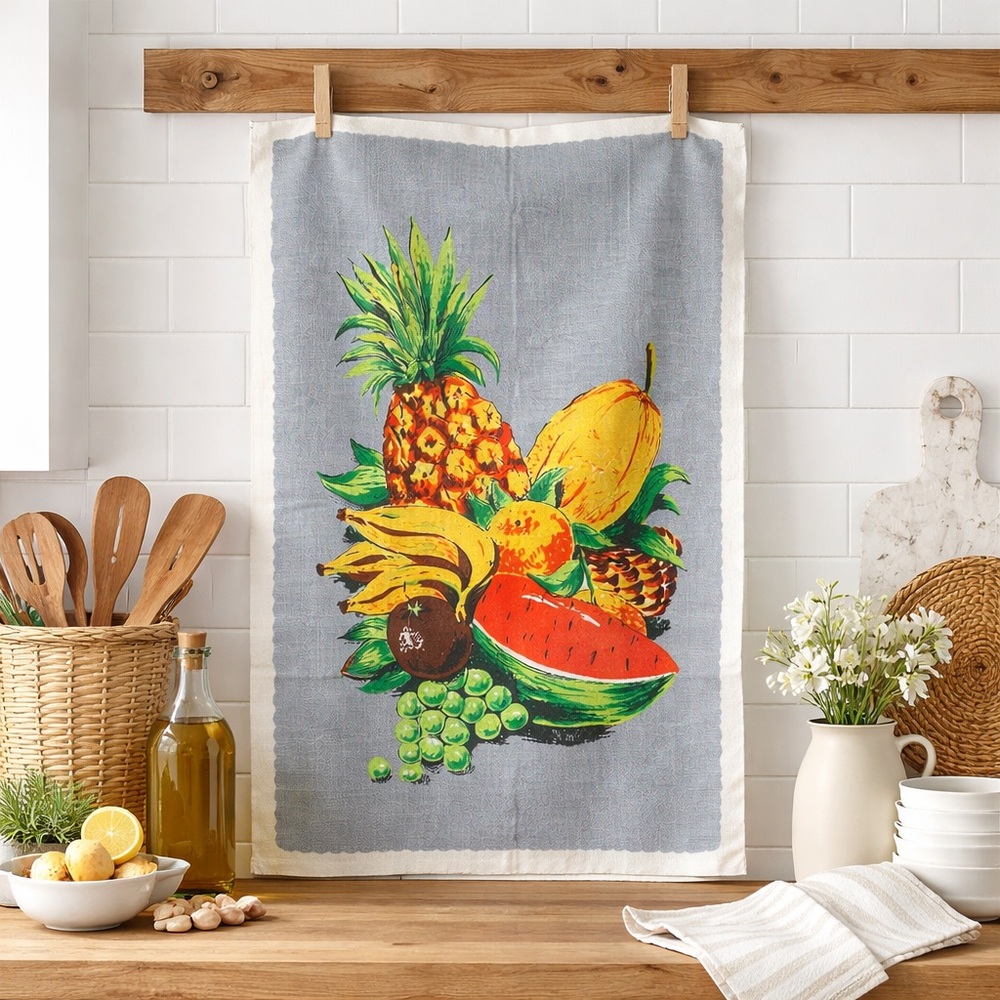 Vintage Linen Tea Towel Tropical Fruit Print MCM 22x32 Grey Blue